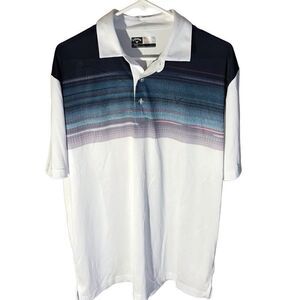 Callaway golf polo men’s shirt Size Large white blue opti Dri athletic striped